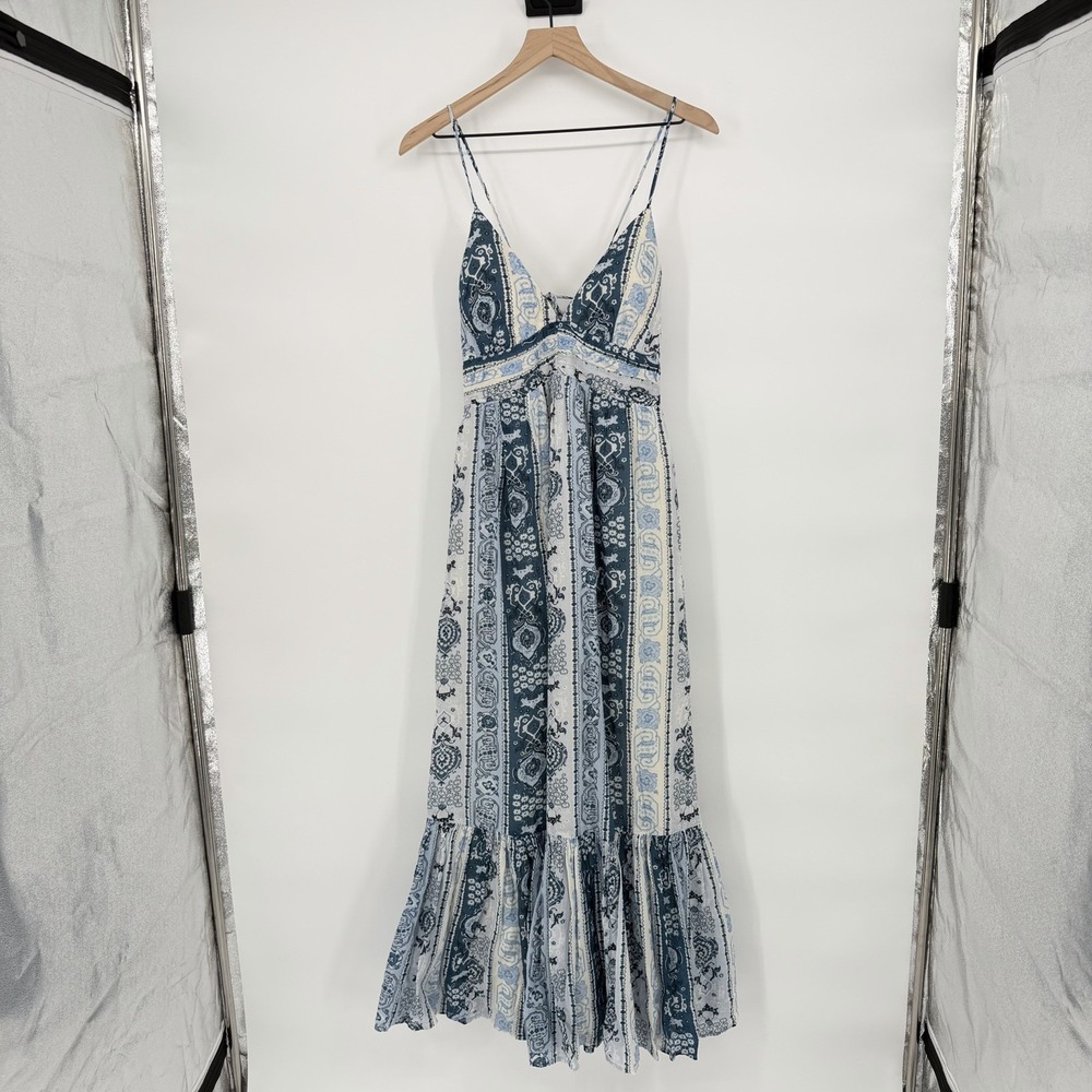 Abercrombie & Fitch Sz MT Blue Bra-Free V Neck Flowy Tiered Tie Back Maxi Dress - Picture 2 of 9